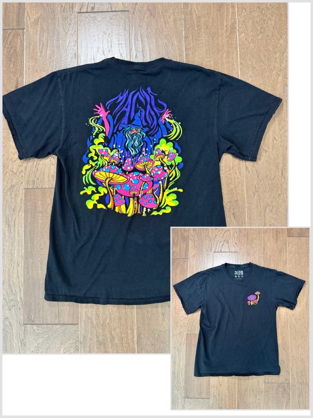 Black Unisex Graphic Tee with Neon Wizard & Mushrooms Graphic